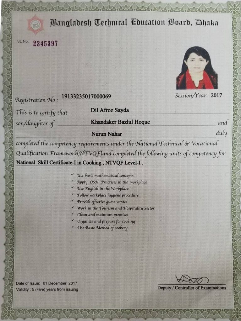 7. National Skill Certificate course Cooking (BTEB)